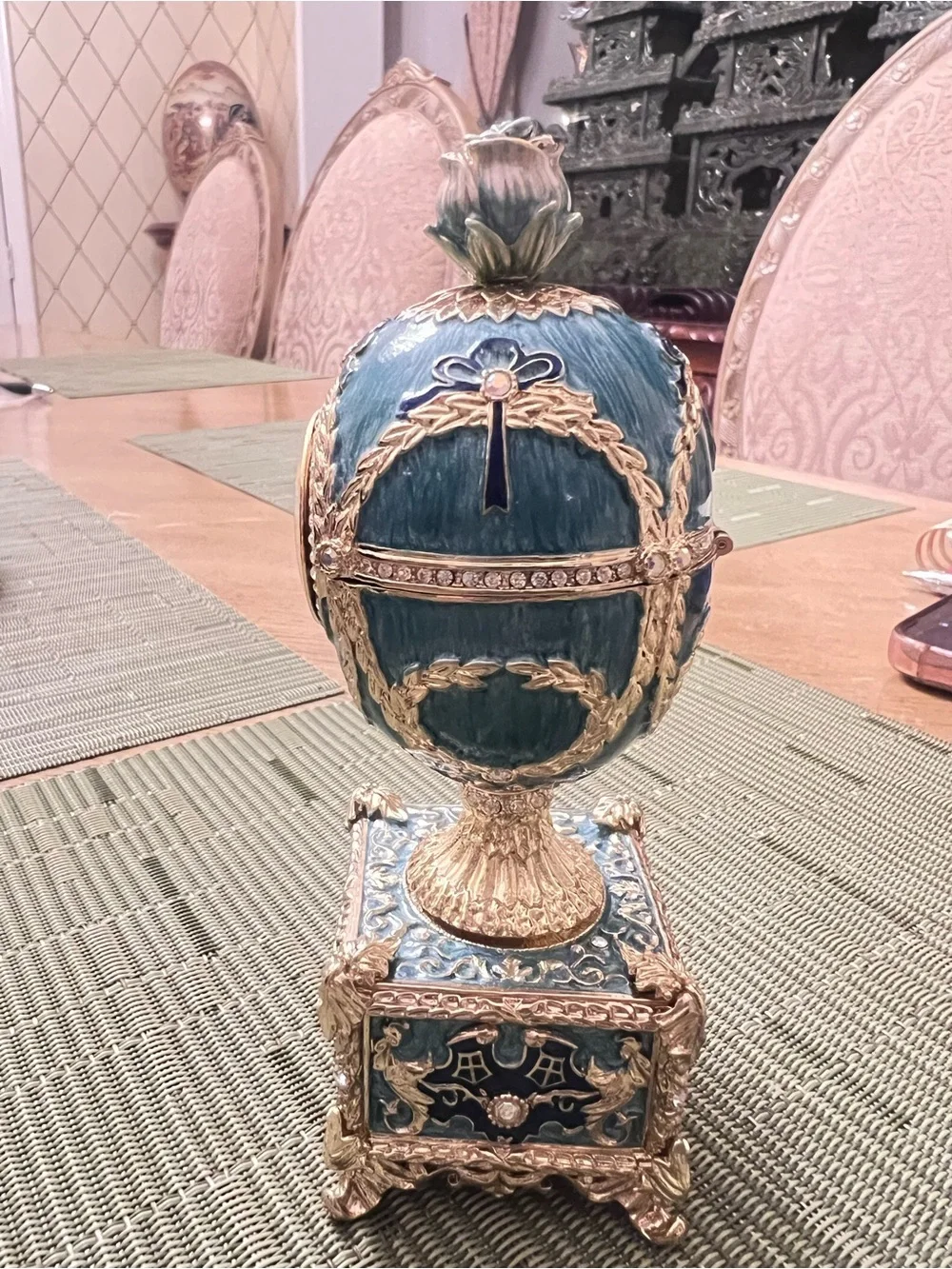 Faberge Blue and Gold Ornamental Egg Clock